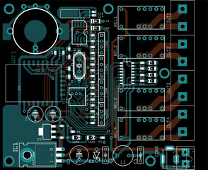 Vector printed circuit board of electronic 
device with components of radio elements, 
conductors, contact pads placed on pcb. 
Engineering technical drawing. Pcb pattern. 
Electric background. 