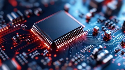 This striking macro image of a microchip showcases intricate circuitry and glowing elements, highlighting the beauty of technology and innovation in design.