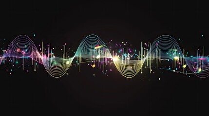 Colored audio waveform on black background, showcasing various colors and shapes as an AI technology example capturing sounds to digitally represent human emotion.