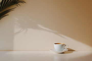 White coffee cup with espresso on a saucer sits on a minimal surface. Warm sunlight and a soft palm leaf shadow create a tropical, calm, and stylish morning ambiance in this serene composition.