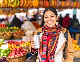 Young Latin American person Holding Soda Can at Outdoor Market