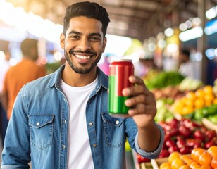 Young Latin American person Holding Soda Can at Outdoor Market