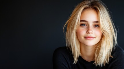 Fototapeta premium A radiant portrait of a smiling young woman with blonde hair, exuding confidence and warmth, perfectly captured against a dramatic black backdrop for full effect.
