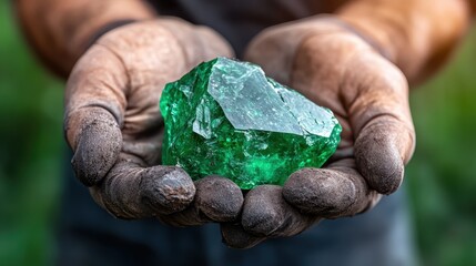 A close-up of a large green emerald crystal being held by a worker in rugged gloves, symbolizing the beauty of natural gemstones and the hard work involved in mining.