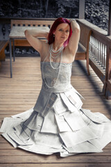 Fototapeta premium A model poses elegantly on a wooden porch, wearing a creative dress made from recycled newspapers. The forest backdrop enhances the artistic vibe of the outfit.