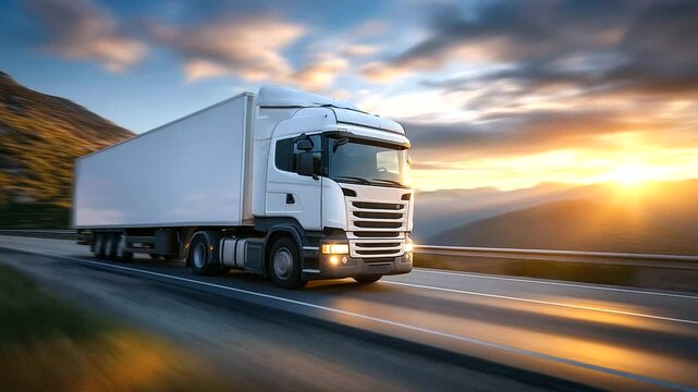 Long-haul truck carrying goods for delivery powers through countryside, open landscape and sunlit sky ahead