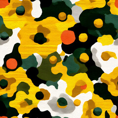 A vibrant, hand-painted seamless floral pattern featuring yellow, white, and peach blooms with bold green foliage on a deep black background. Perfect for fabric prints, bold packaging, wall art