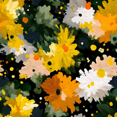 A vibrant, hand-painted seamless floral pattern featuring yellow, white, and peach blooms with bold green foliage on a deep black background. Perfect for fabric prints, bold packaging, wall art