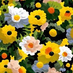 A vibrant, hand-painted seamless floral pattern featuring yellow, white, and peach blooms with bold green foliage on a deep black background. Perfect for fabric prints, bold packaging, wall art