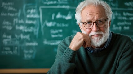 An engaging image of an older educator contemplating ideas in front of a blackboard filled with mathematical equations, symbolizing wisdom and the pursuit of knowledge and learning.