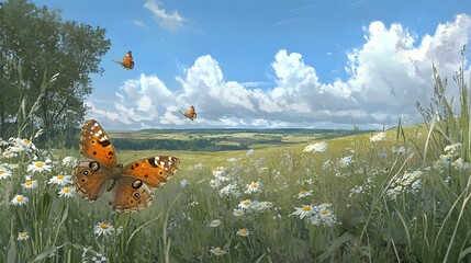 A beautiful meadow landscape with butterflies and flowers under a partly cloudy sky.