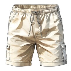 Detailed Flat Technical Sketch of Casual Shorts Design with Emphasis on Drawstring and Side Pocket Detailing in 2D Vector Format