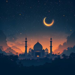 Stylized Eid Mubarak Vector Artwork Featuring Silhouetted Mosque and Luminous Crescent Moon with Transparent Background Highlighting Festive Culture
