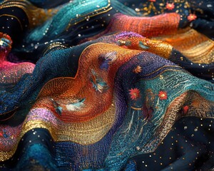 Closeup of highfashion fabrics with digital embroidery, surreal lighting, high detail