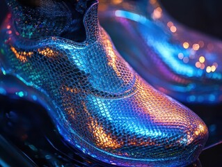 Closeup of luxury shoe with holographic textures, vibrant lighting, high detail