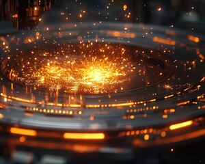 Closeup of metalwork in process, sparks flying, detailed, industrial lighting