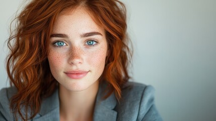 Fototapeta premium A captivating portrait of a young woman with striking red hair and blue eyes, radiating natural beauty and confidence in a minimalist setting.