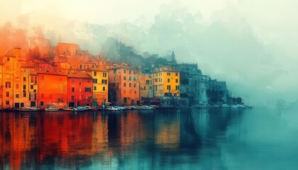 Coastal cityscape with digital overlays, soft lighting, high detail, surreal colors