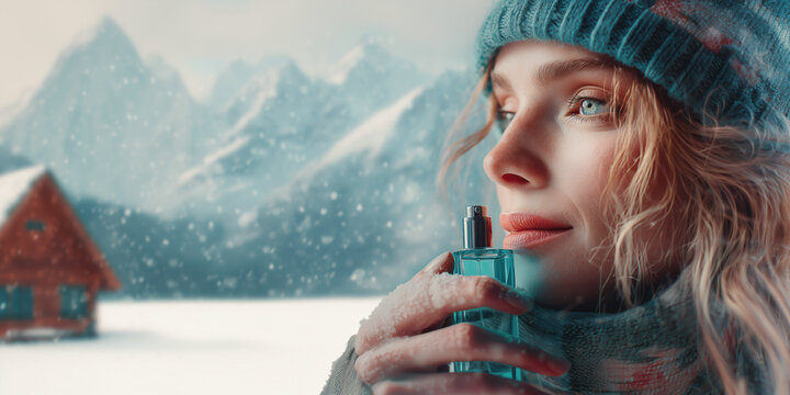 Beautiful woman inhaling the cool, refreshing scent from a perfume bottle, its fragrance as crisp and invigorating as the air at the North Pole