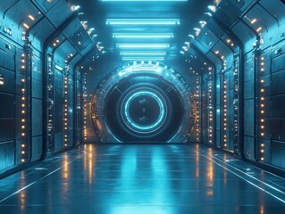 Cryptocurrency vault with digital effects, soft lighting, futuristic atmosphere