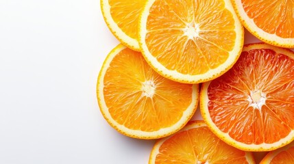 Fototapeta premium A vibrant display of freshly sliced oranges, showcasing their juicy texture and bright color against a clean white background, representing freshness, health, and summertime energy.