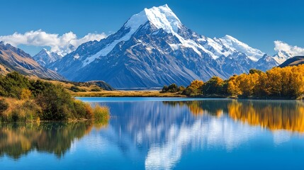 Serene mountain lake reflecting autumn foliage.