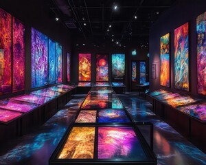 Cultural tourism exhibit with holographic displays, intense colors, hightech feel