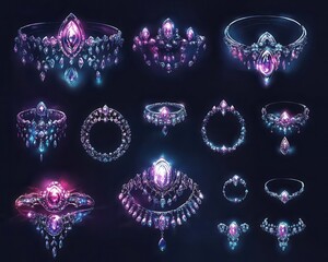 Digital sketches of luxury jewelry designs, dark background, neon highlights, intricate