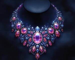 Digital sketches of luxury jewelry designs, dark background, neon highlights, intricate