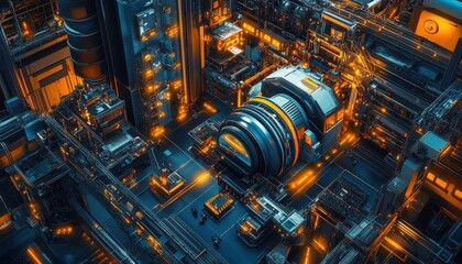 Drone view of automated factory floor, vibrant colors, intricate details, scifi style