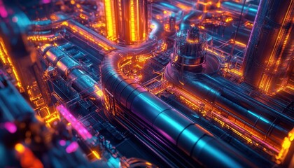 Drone view of automated factory floor, vibrant colors, intricate details, scifi style