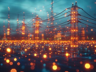 Electric power grid with glowing nodes, hightech visualization, dark background