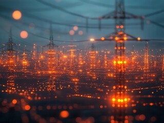Electric power grid with glowing nodes, hightech visualization, dark background