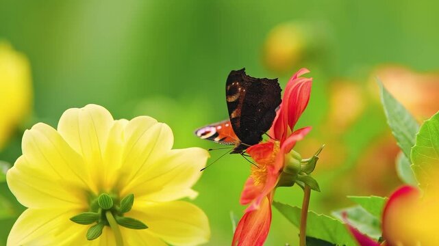 Slow motion of big brown Machaon butterfly gathering nectar from the flower. Macro footage.