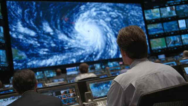 Rows of digital monitors filled with hurricane tracking data, central screen shows red windfield projection while analysts observe in silence