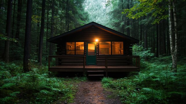 A charming log cabin glowing warmly in the forest at dusk, surrounded by lush greenery and soft lighting, evoking feelings of comfort and tranquility in a natural setting. - Powered by Adobe