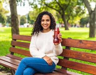 Latina Woman with Soda Bottle at Park