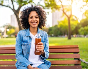 Latina Woman with Soda Bottle at Park
