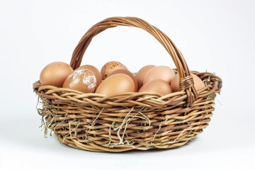 Wicker basket filled with farm eggs symbolize rural living and self sufficiency in a peaceful countryside setting.