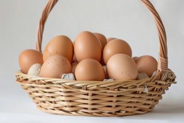 Wicker basket filled with farm eggs symbolize rural living and self sufficiency in a peaceful countryside setting.
