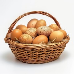 Wicker basket filled with farm eggs symbolize rural living and self sufficiency in a peaceful countryside setting.
