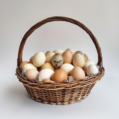 Wicker basket filled with farm eggs symbolize rural living and self sufficiency in a peaceful countryside setting.