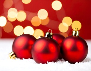Red Christmas ornaments on snow