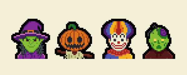 People character set of the creepy Halloween avatar, social net portrait, profile picture. Design of 80s. Game assets. 8-bit. Isolated vector illustration background.