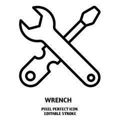 wrench and screwdriver editable stroke outline icon isolated on white background flat vector illustration, black outline, Pixel perfect