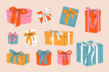 Colorful set of different gift boxes with bows. Various hand drawn present boxes with ribbons in vintage style. Trendy flat elements for decoration, invitation, present, wedding celebration, party