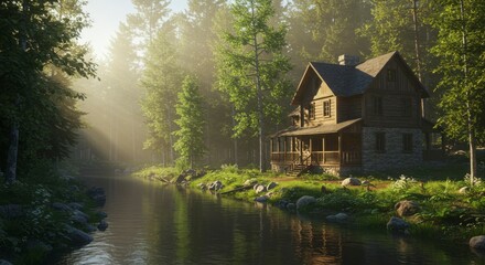 Obraz premium Cabin in misty forest