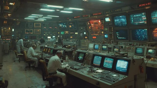 Retro Futuristic Control Room with Scientists Working at Consoles Monitoring Screens, Complex Technology and Data Analysis, Cold War Era Aesthetic.