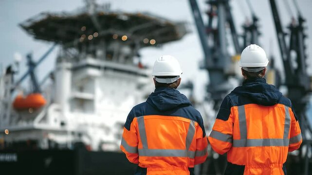 Two engineers in orange helmets and safety gear stand next to towering rudder, discussing ship stabilization systems