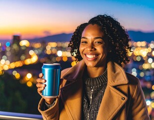 Latin American Woman Holding Soda at Rooftop Party